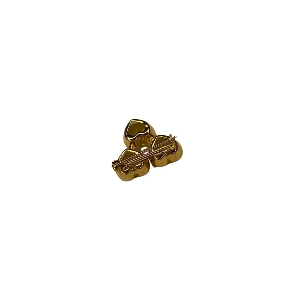 Vintage Gold Tone Triple Heart Brooch Yellow Glass Faceted Stones Pin Jewelry
